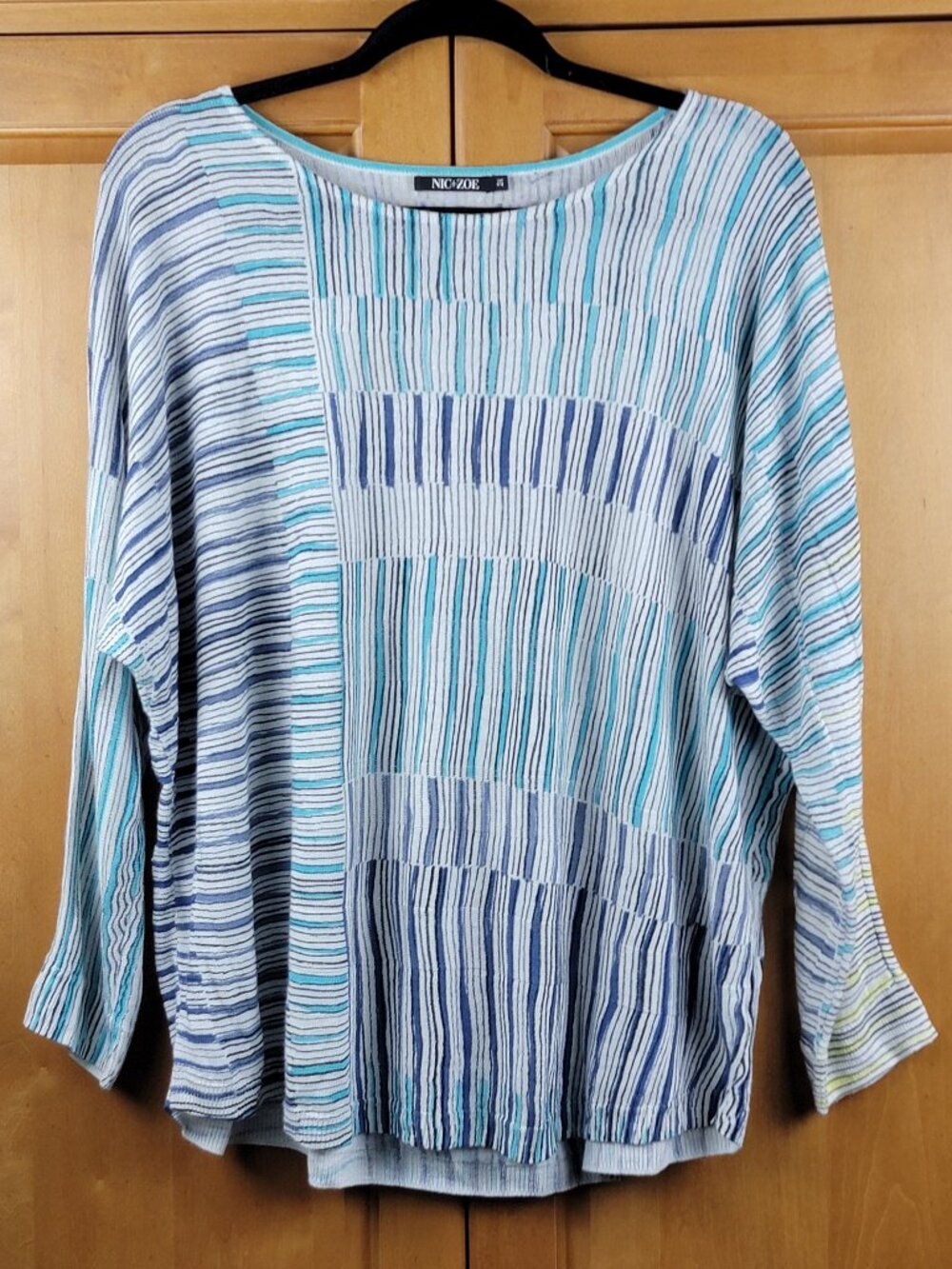 NIC+ZOE Blue Green Striped Linen Blend Dolman Sleeve Pullover Sweater - 2X